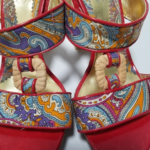 Zinc, Platform Sandals 6 1/2 Parsley Prnt, Chunky Heels, Red Trim - Picture 6 of 8